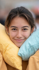 Cozy moments: girl peeking from behind oversized pillow