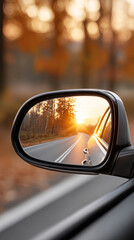 Autumn sunset reflected in car side mirror on a scenic drive