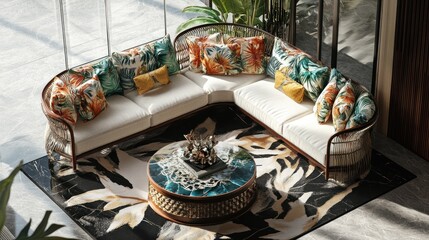 Stylish corner sofa with patterned cushions and coffee table