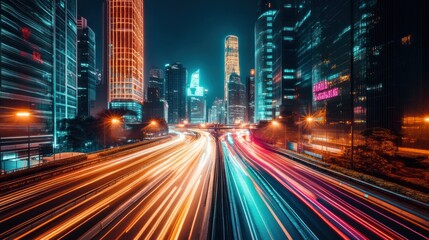 City highway at night, illuminated by car lights