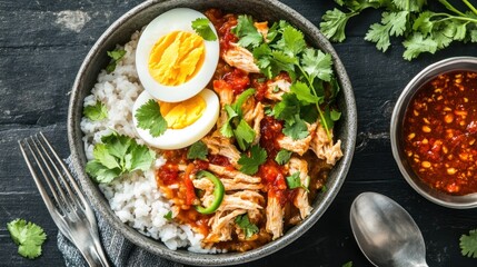 Bowl of rice, chicken, eggs, and sauce