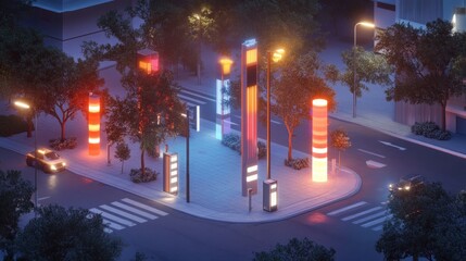 Night city street scene with colorful illuminated poles