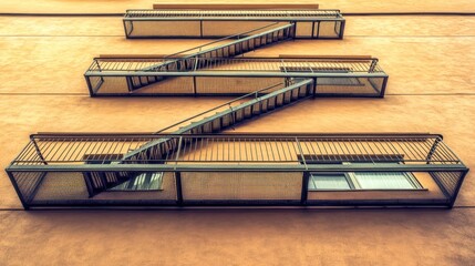 Exterior Z-shaped fire escapes on a tan building