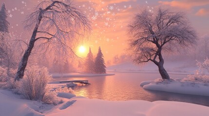 Winter wonderland sunrise over frozen lake. Snow-covered trees and a tranquil scene