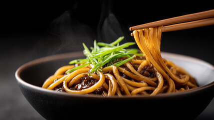 Jajangmyeon black bean noodles with chopsticks and fresh garnish for asian cuisine enthusiasts