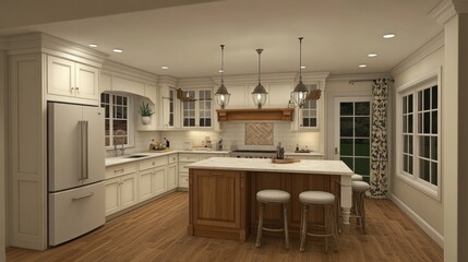 Obraz premium A well-lit, modern kitchen design with wood accents.
