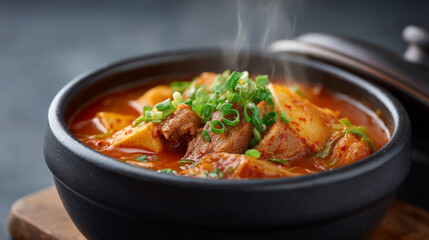 Spicy kimchi jjigae boiling in stone pot with vegetables
