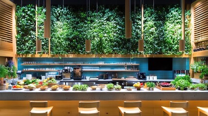 Interior design of a modern, healthy eating establishment.
