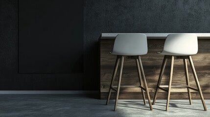 Two white bar stools against a dark wall.