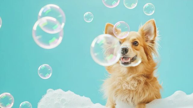 Happy dog surrounded by bubbles against a blue background.