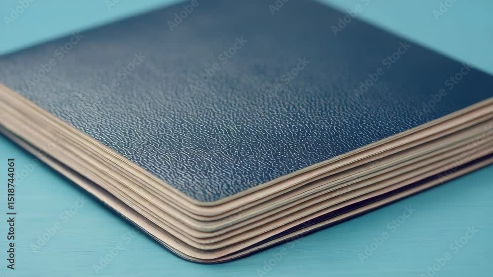Poster blue textured notebook with layered pages on a flat surface.