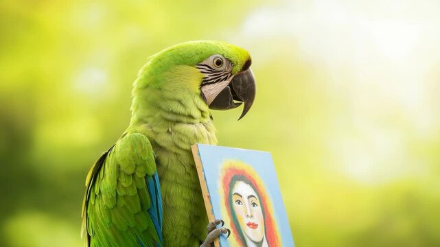 Colorful parrot holding a painting in a vibrant outdoor setting.