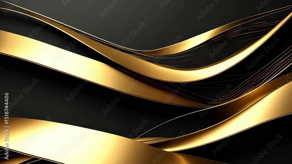 Poster abstract motion of metallic gold bands flowing on a dark background, creating a luxurious and elegan