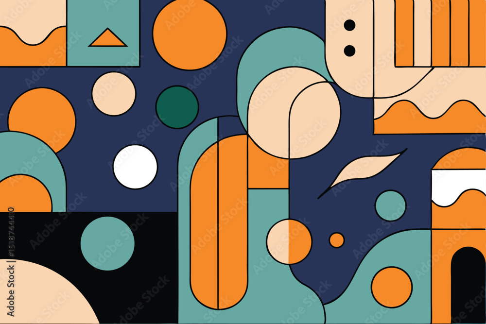 Poster abstract geometric composition of colorful shapes with minimalist design and transparency