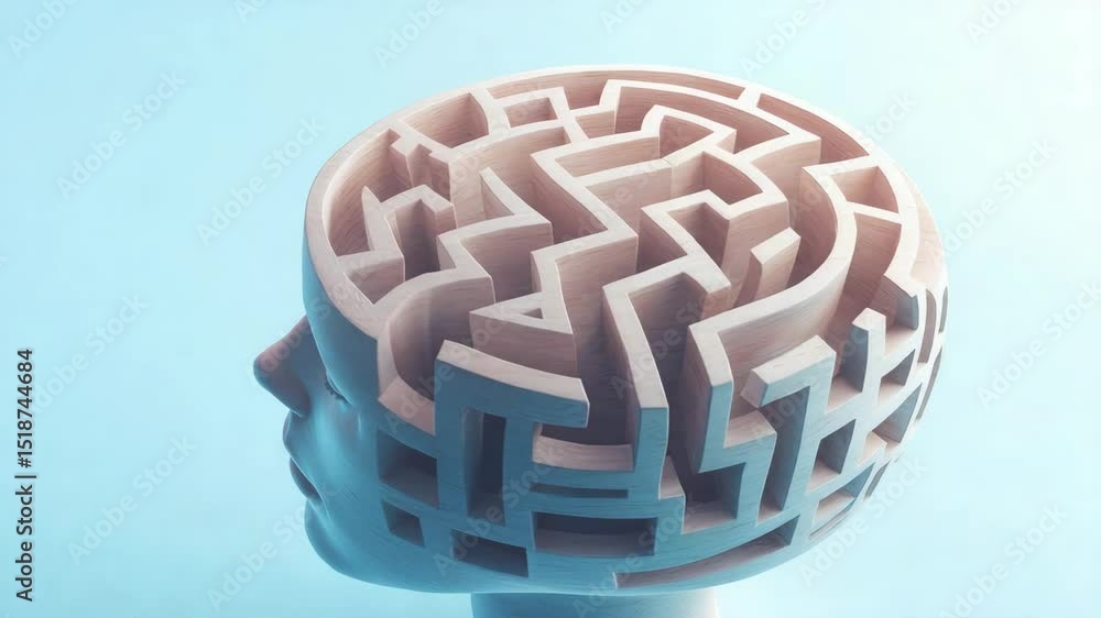 Poster abstract maze design on a head sculpture representing thought complexity.