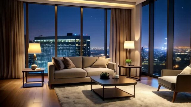 Elegant living room featuring a neutral sofa and armchair, overlooking a dazzling cityscape at night through expansive windows.