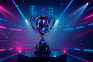 Futuristic trophy with neon lights in stadium