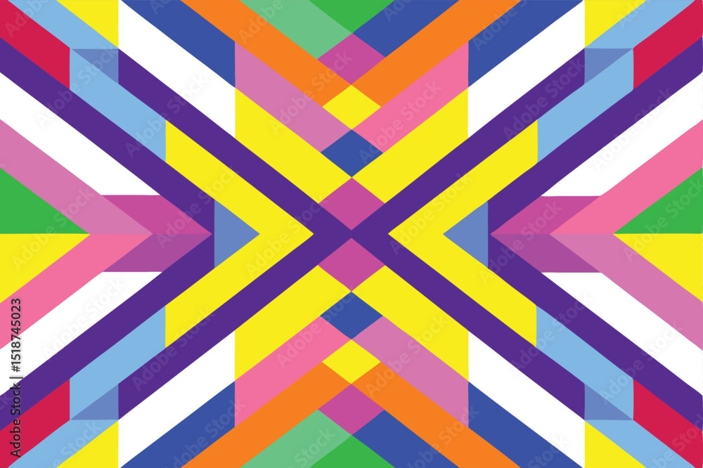 Poster abstract geometric pattern in bright colors and diagonal lines with transparency.