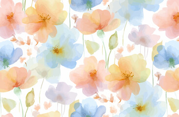 Watercolor Floral Seamless Pattern Pastel Peach, Blue Flowers