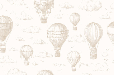 Naklejka premium Elegant Seamless Pattern Vintage Hot Air Balloons & Clouds