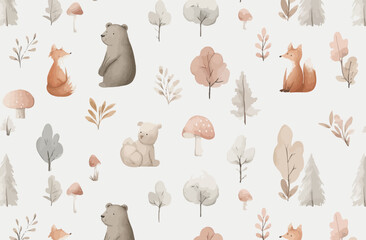 Adorable Woodland Creatures Seamless Pattern Watercolor Forest Animals Design