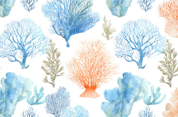 Seamless Watercolor Coral Reef Pattern Blue, Orange, and Beige Coral Branches
