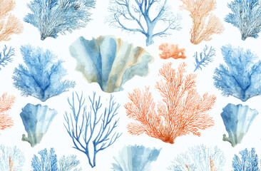 Seamless Watercolor Coral Reef Pattern Elegant Blue and Peach Ocean Design