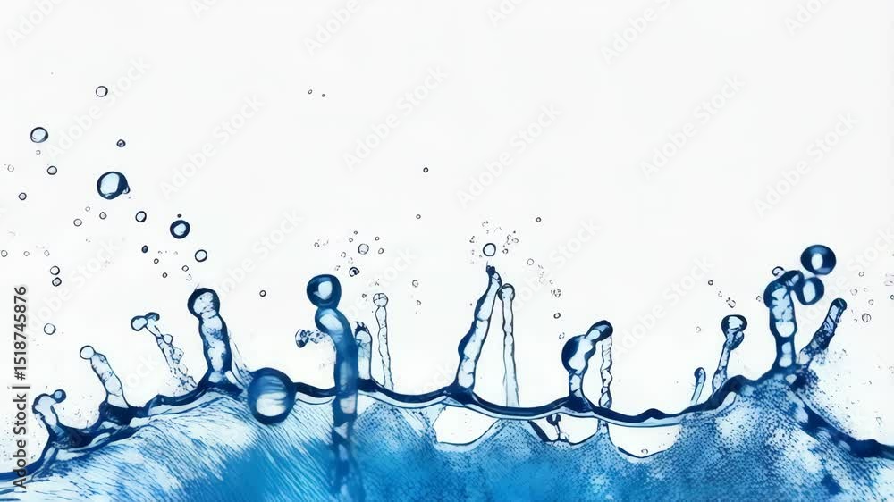 Poster water splash with ripples and droplets against a white background, showing fluid dynamics and motion