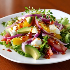 Fresh Colorful Salad with Avocado and Dressing on White Plate