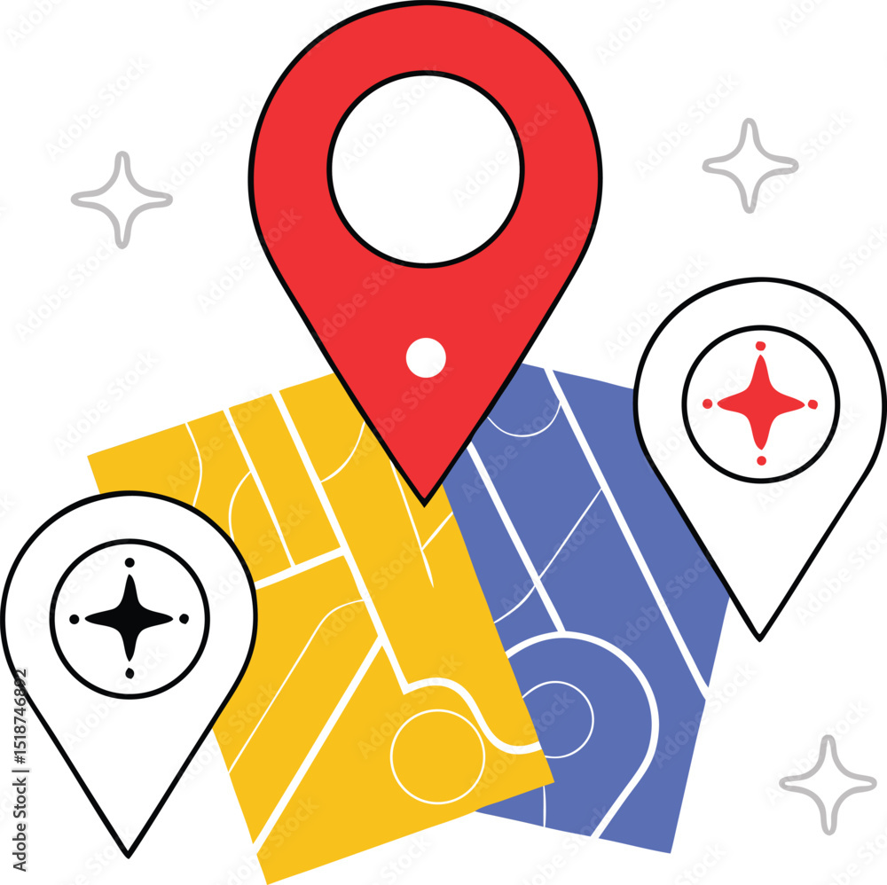 Poster colorful map markers and overlapping maps isolated on white background