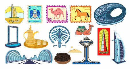 A vibrant illustration showcasing a collection of iconic symbols and elements of the United Arab Emirates.