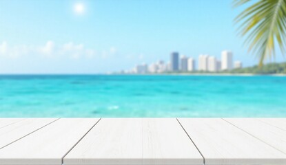 Fototapeta premium Whitewashed wooden table with blurred coastal city background, turquoise sea and blue sky, sunny clean setting for tropical summer product mockup