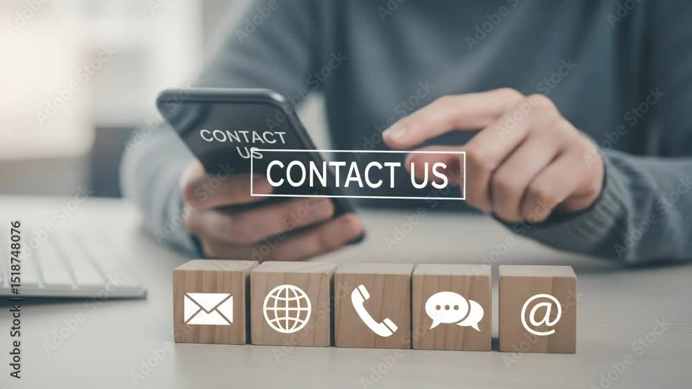 Poster person using phone with contact us text and wooden blocks with contact icons on a white surface