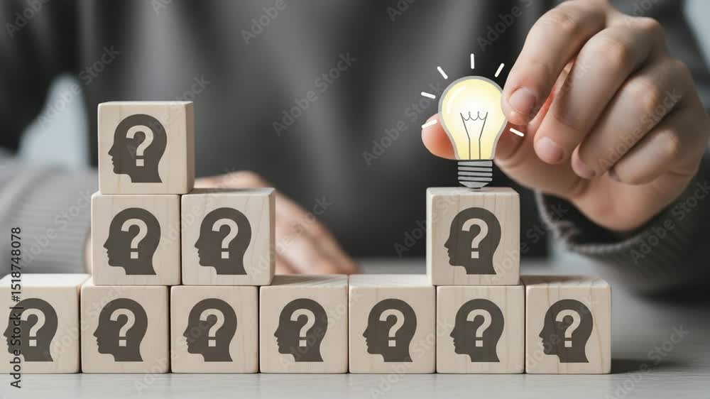Poster Hand placing lightbulb on blocks with question mark faces concept of finding solutions idea generation