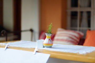 National cafe tables on the street of the Old Bar Town in Montenegro