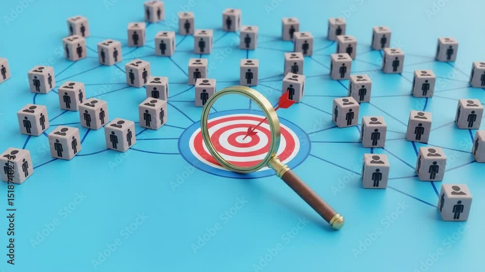 Poster network of people icons connected with a magnifying glass on a target on a blue background