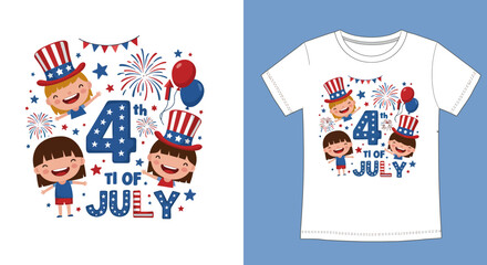 Happy children celebrating 4th of July with fireworks balloons and patriotic hats illustration on t shirt design