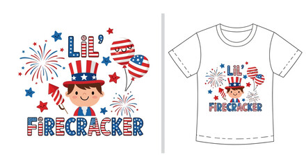 american fourth of july themed cute illustration of a child with fireworks and patriotic elements for clothing design
