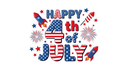 Festive colorful illustration celebrating the fourth of july with fireworks and rockets