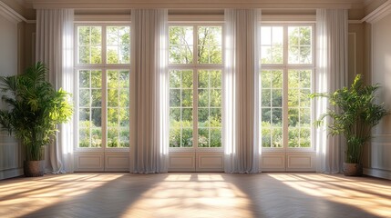 Sunlit Room with Expansive Windows and Verdant Outdoor Views Inviting Interior