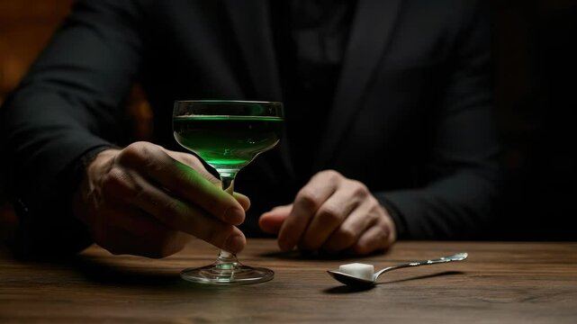 Man in suit holds glass of green absinthe