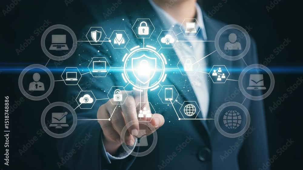 Poster Person in suit pointing at digital security interface with various connected network icons