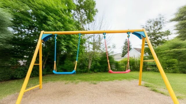 Two empty swings on colorful swing set in blurred playground scene