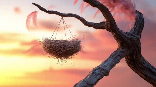   nest hanging on tree branch at sunset showing warmth and protection

