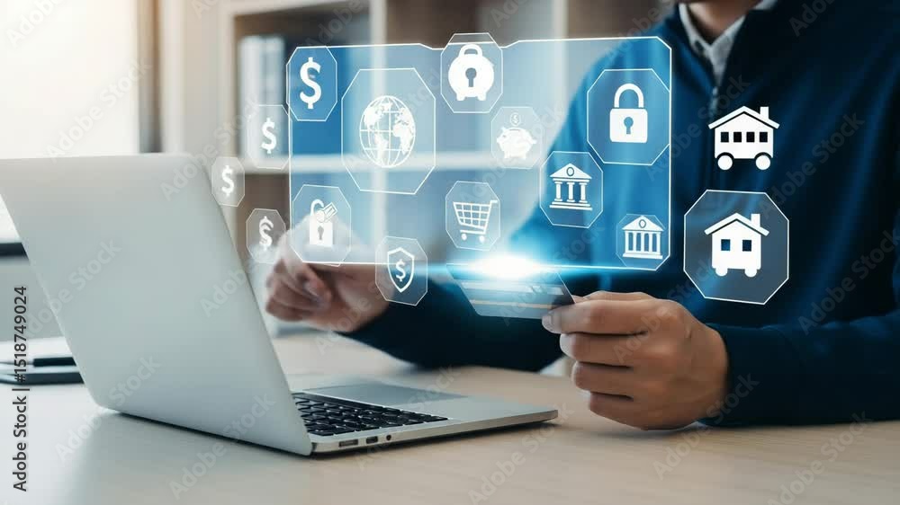 Poster person using laptop with credit card and digital icons for online banking and secure transactions