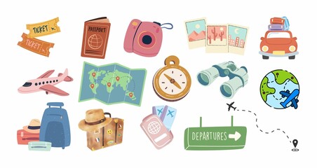 Cute travel icon set with passport, plane, map, suitcase, camera and compass.