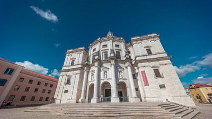 Main facade of National Pantheon aerial timelapse hyperlapse. Portugal.
