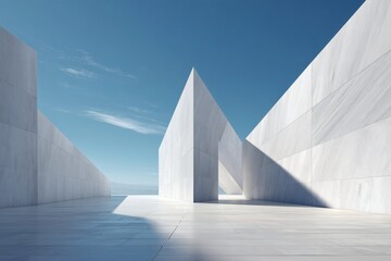 Abstract marble exterior showcasing modern architecture and minimalist design against a clear blue sky, accentuating geometry.