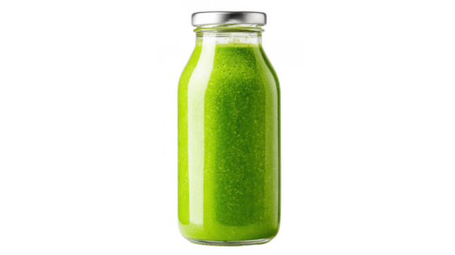 Refreshing green smoothie, featuring leafy greens and fruits, bottled in a clear glass container with a silver cap against a transparent background for versatile design use