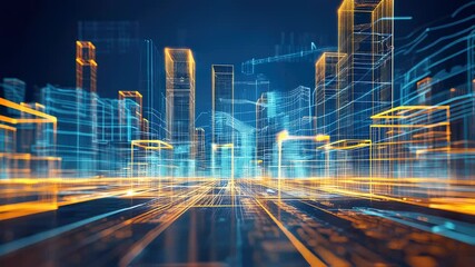 Futuristic city skyline digital wireframe glowing with blue and gold lights - Powered by Adobe